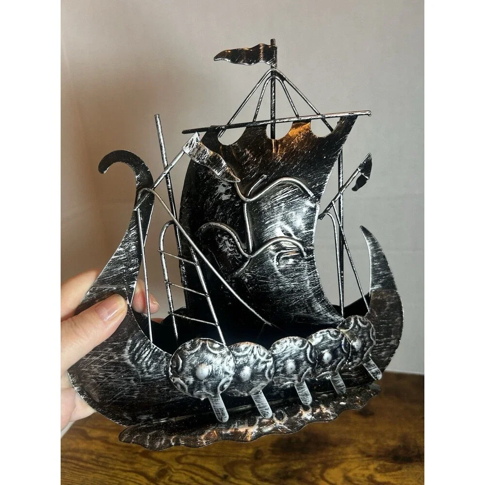 Vintage Black Metal Viking Ship Sculpture Nordic Dragon Boat Home Decor 9.5 Inch